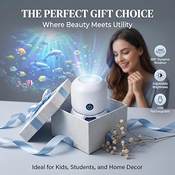 PGonline Dynamic Rotating LED Projector Light, USB Ocean Projector with 360 Rotating, Gifts for Kids Birthday, Night Light Projector for Bedroom, Party, Home [Energy Class A]