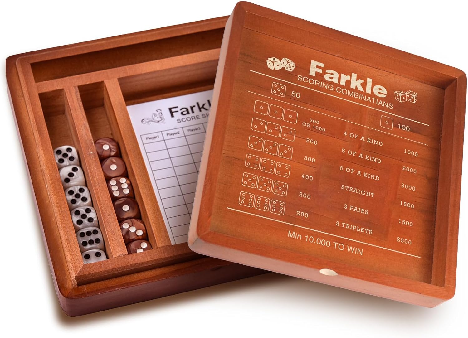 Farkle Classic Dice Game Set – Wooden Dice Tray with Storage Case, 2 Sets of Dice, Score Pad, Pen Holder & Built-in Scoring Guide – Family Game Night or Gift