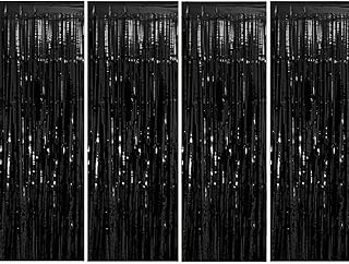 Muhome Halloween Black Foil Fringe Curtains, 4PCS 3.28FT x 8.2FT Tinsel Door Curtains Black Fringe Backdrop for Wedding Birthday Gatsby Bachelorette 1920s Party Decorations