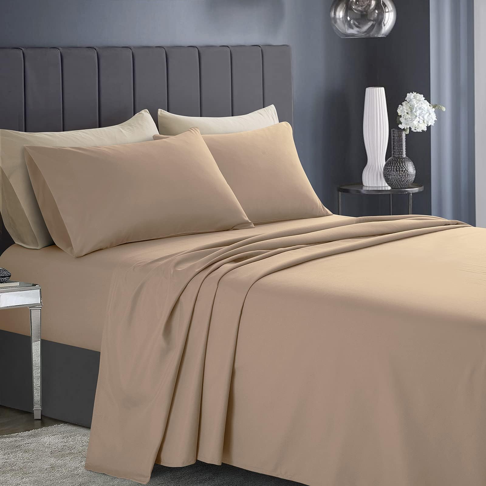 KKJIAF King Size Sheets Set 4 Piece, Soft & Breathable Microfiber 1800 Thread Count Bedding Sheet Sets with Deep Pocket Fitted Sheet, Flat Sheet, 2 Pillowcases (Beige)