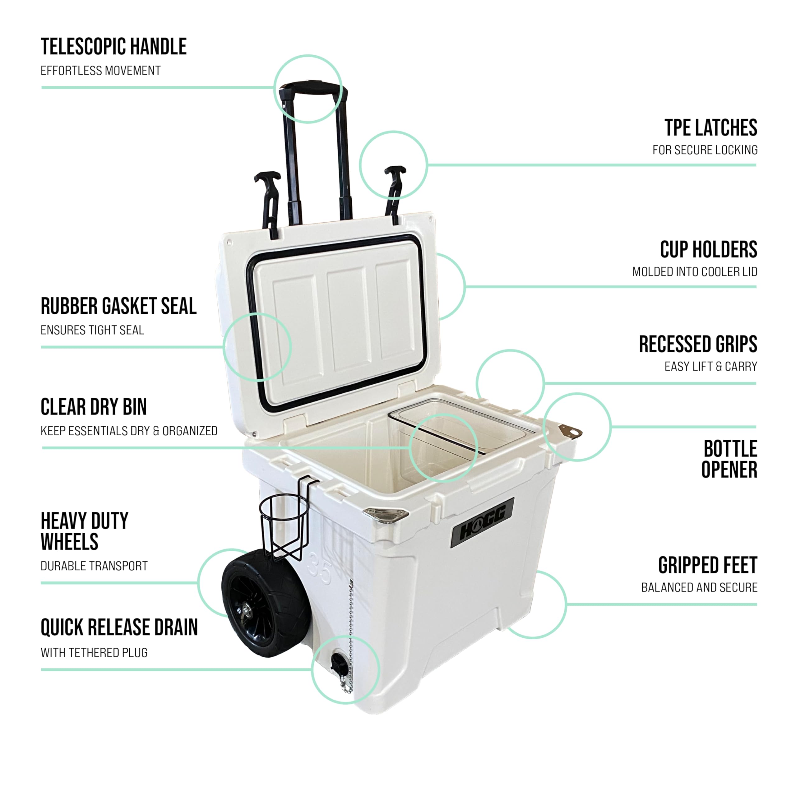 Hogg 35 qt Insulated Cooler with Wheels and Handle, Rolling Ice Chest with Wheels, Rotomolded Wheeled Coolers for Camping, Drinks, Outdoors, 35qt White