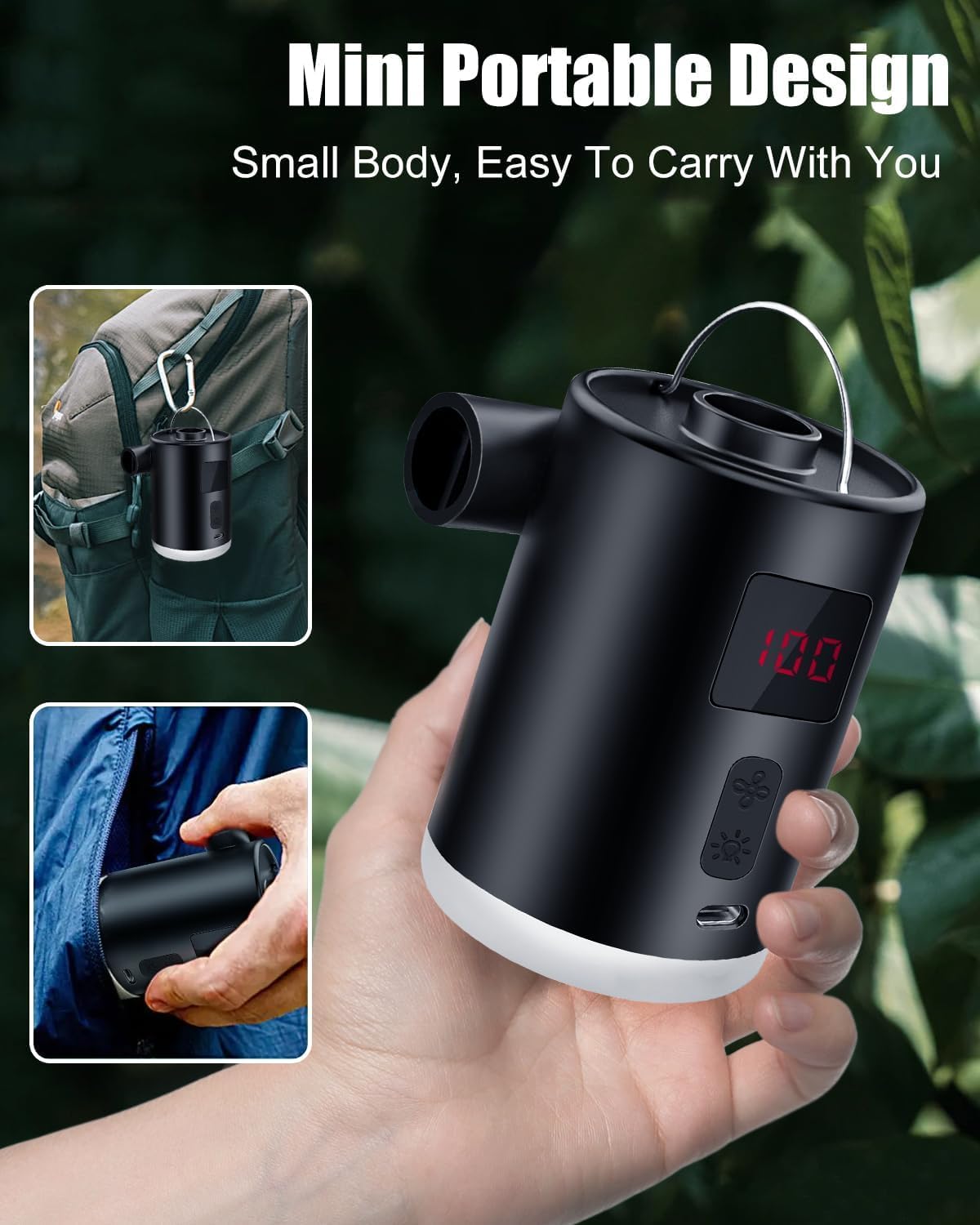 Pompa ad aria elettrica da 4000 mAh, batteria ricaricabile con 3 ugelli, gonfiatore elettrico portatile, con sorgente luminosa, può essere appesa, adatta per piscine gonfiabili per barche, materassi