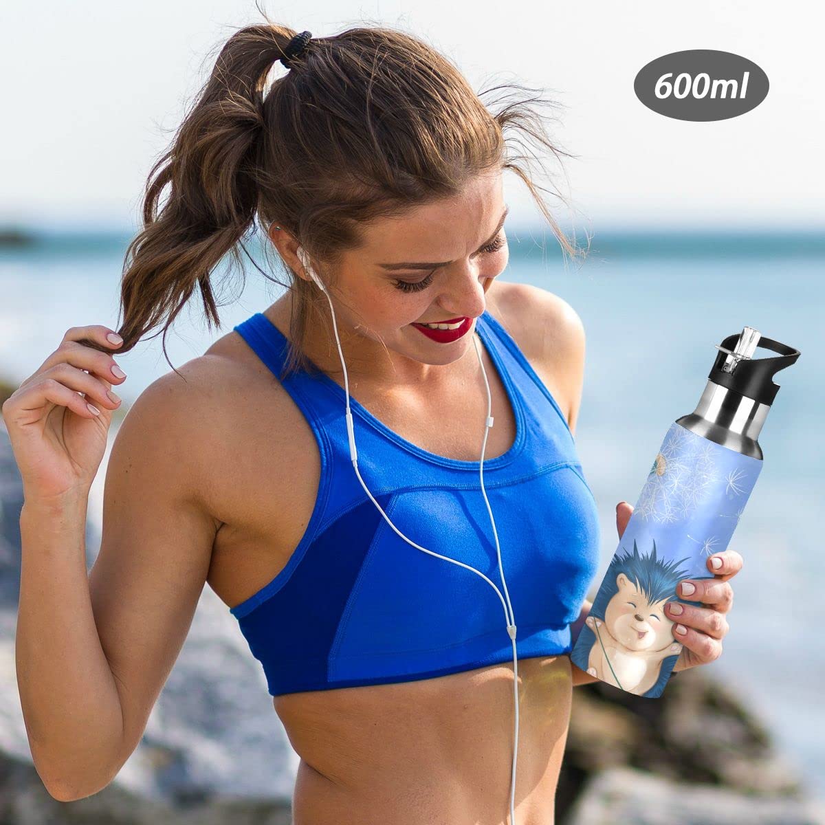 Edelstahl Wasserflasche mit Strohhalm, Igel fröhlich isolierte Trinkflasche Sport Wasserflasche für Kinder Erwachsene, auslaufsicher, 1L