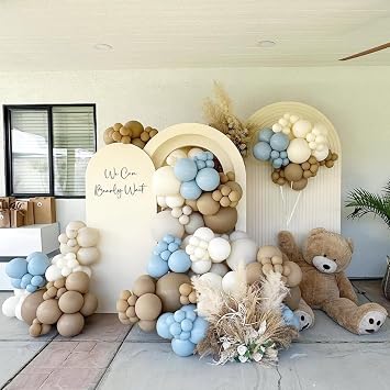 Double Stuffed Dusty Blue Brown Balloon Arch Kit, Neutral Balloon Garland Pastel Baby Blue Dark Brown White Sand Beige Tan Latex Balloons for Boys Baby Shower Teddy Bear Birthday Party Decorations