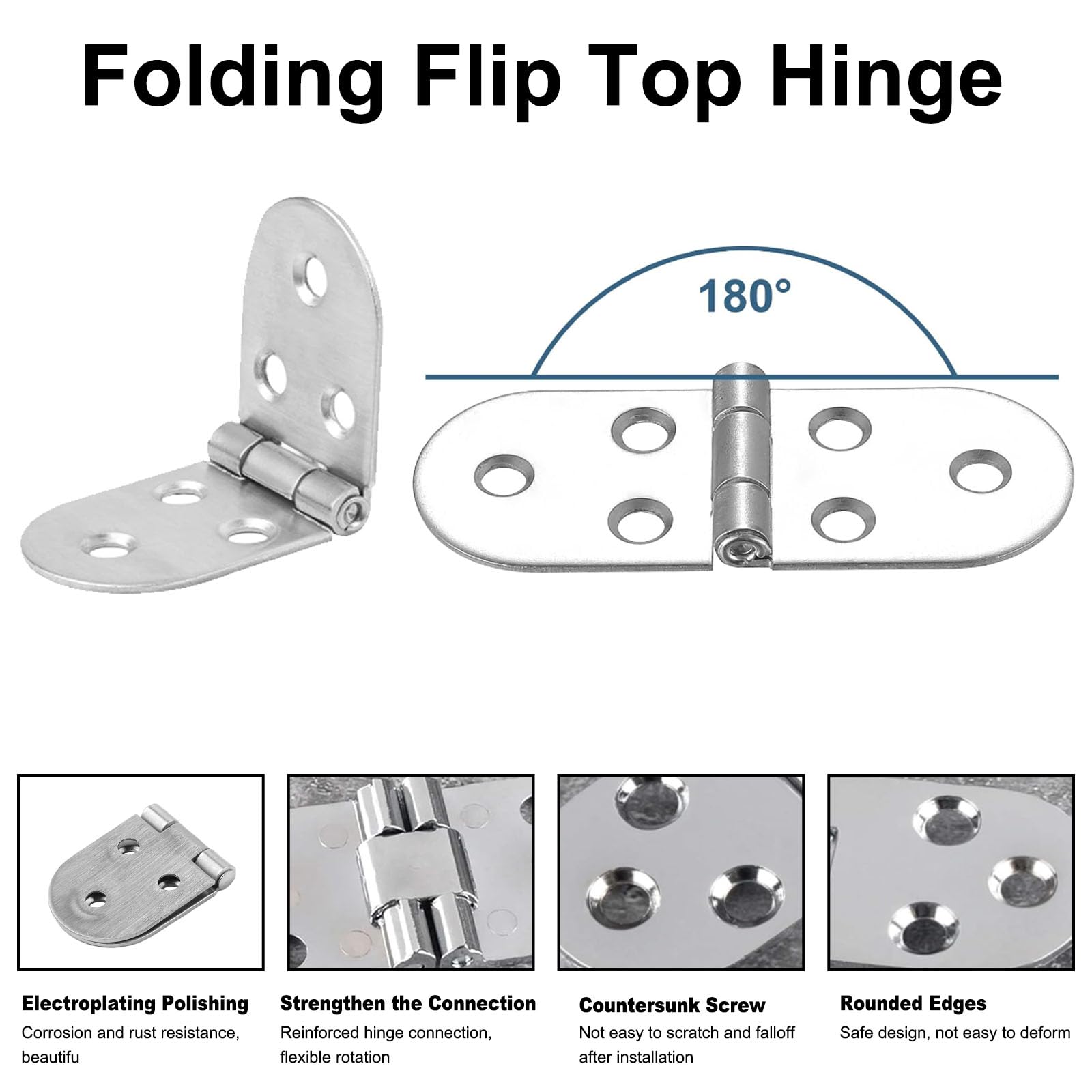 Buaak 6 Pcs Folding Flip Top Hinge, Zinc Alloy, Silver, 180 Degree, Rounded Edge, for Wood Table, Cabinet, Closet, Furniture - Image 3