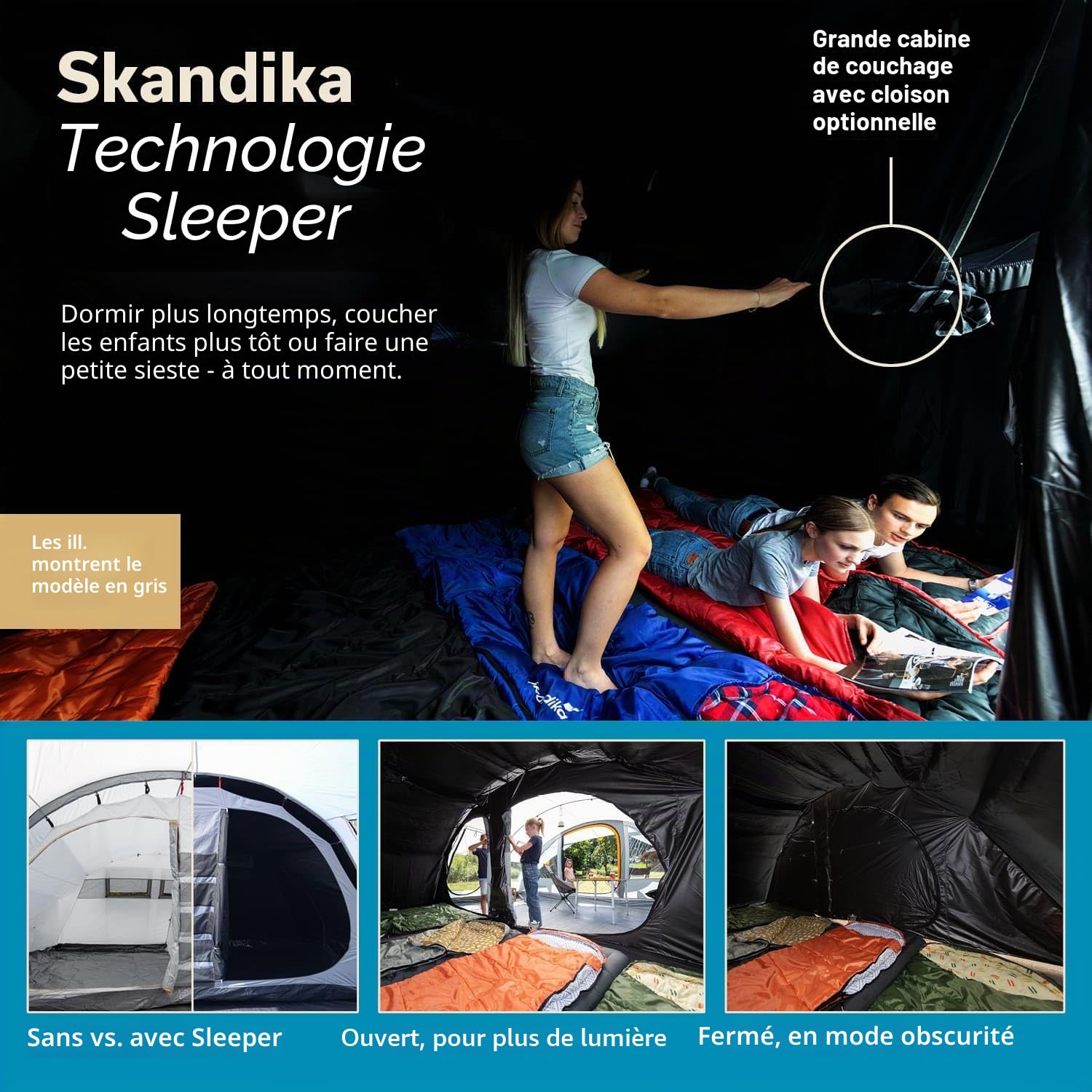 Skandika Tente Tunnel Egersund 5 XL Sleeper Protect | Tente de Camping familiale pour 5 Personnes, Sol de Cousu, Cabine de Couchage Noire, Hauteur 2 m, étanche, Anti-UV