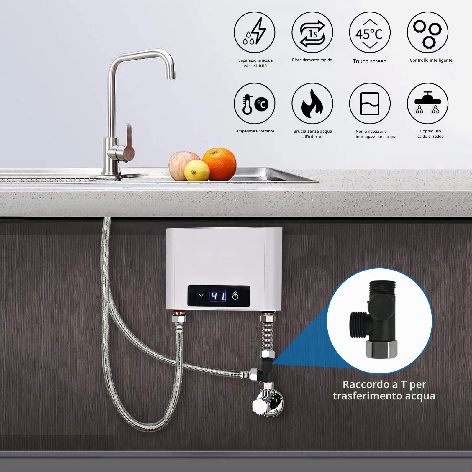 Mini Scaldacqua Elettrico Istantaneo Senza Serbatoio, Mini Scaldabagno Elettrico Istantaneo per Bagno Cucina, LED Display Grande (Bianco, 3500W senza Set Doccia)