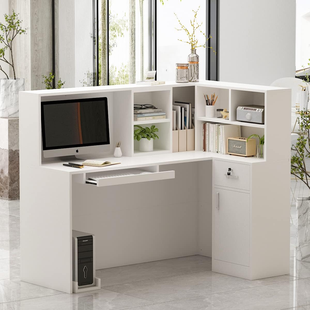 AIEGLE Reception Desk with Counter Drawers & Storage Shelves, L-Shaped Reception Counter Table for Salon Reception Room Checkout Office, White (55.9" L x 32.3" W x 48.4" H) : Office Products
