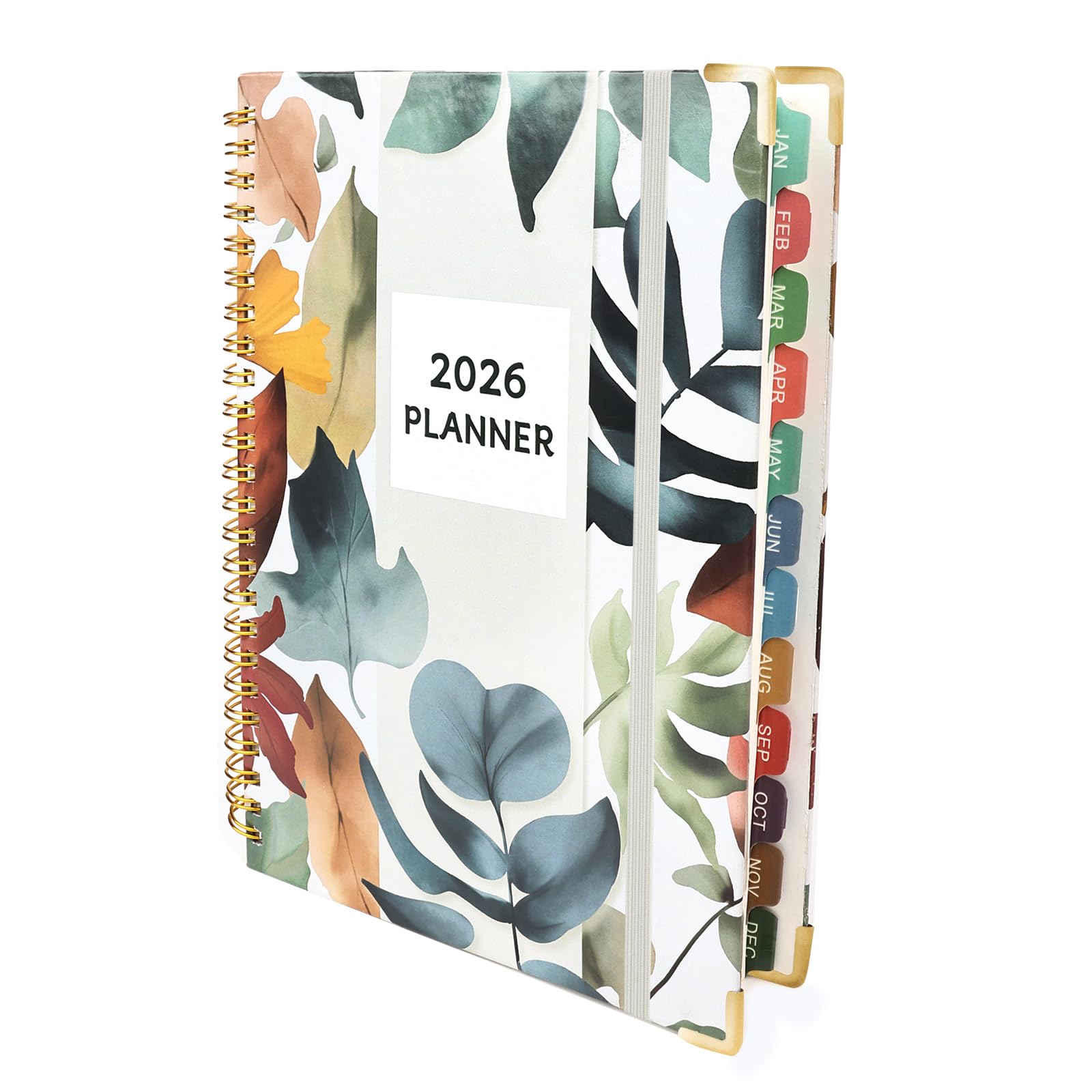 Planer 2026, A5 (16.0 cm x 21.6 cm), planer 2026 styczeń-grudzień, miesięczne/tygodniowe/codzienne zakładki z kontaktami i świętami, twarda okładka, organizer na przybory szkolne i biznesowe (liść)