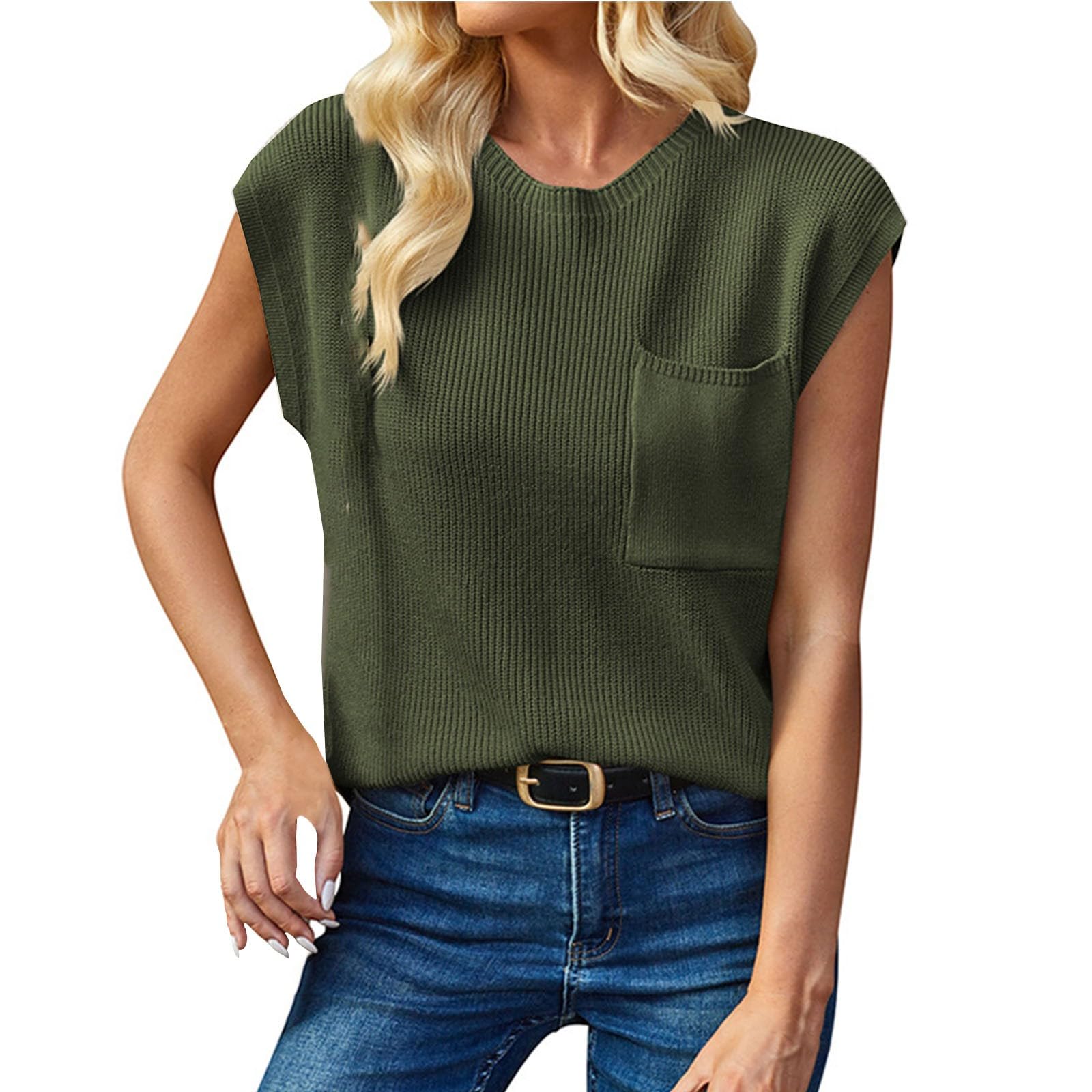 Women's Knitted Vest Bat Sleeve Round Neck Soft Sweater with Chest Pocket Pullover Solid Color Casual Loose Shirts