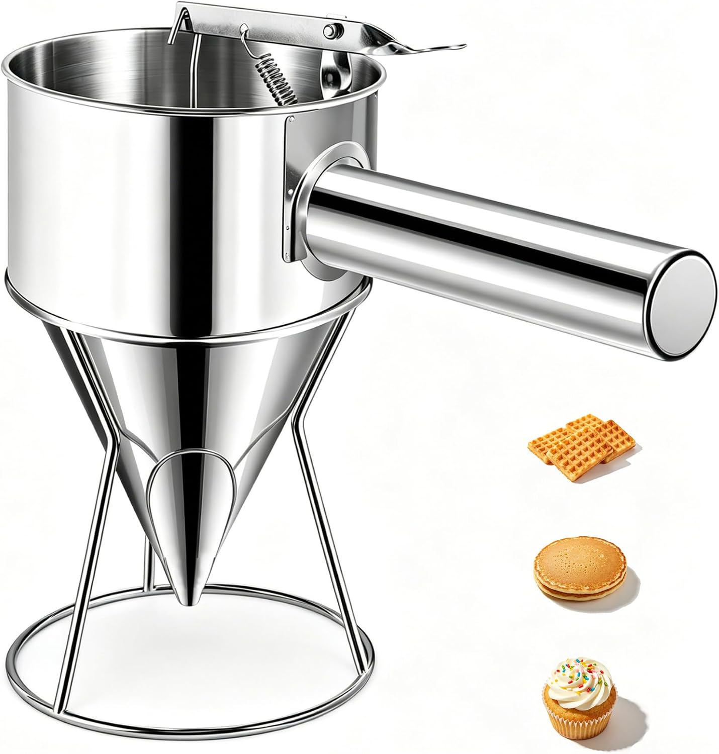 Pancake Batter Dispenser, Batter Dispenser with Squeeze Handle, Easy Control Funnel Cake Dispenser With Stand for Pancakes, Waffles, Muffins, Crepes & Cupcakes, Stainless Steel, 40oz