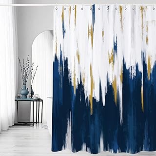 Navy Blue Shower Curtain, Navy White Gold Brush Strokes Graffiti Oil Painting Modern Art Abstract Bathroom Curtain Waterproof Fabric Machine Washable with Hooks, 72" Wx72 L