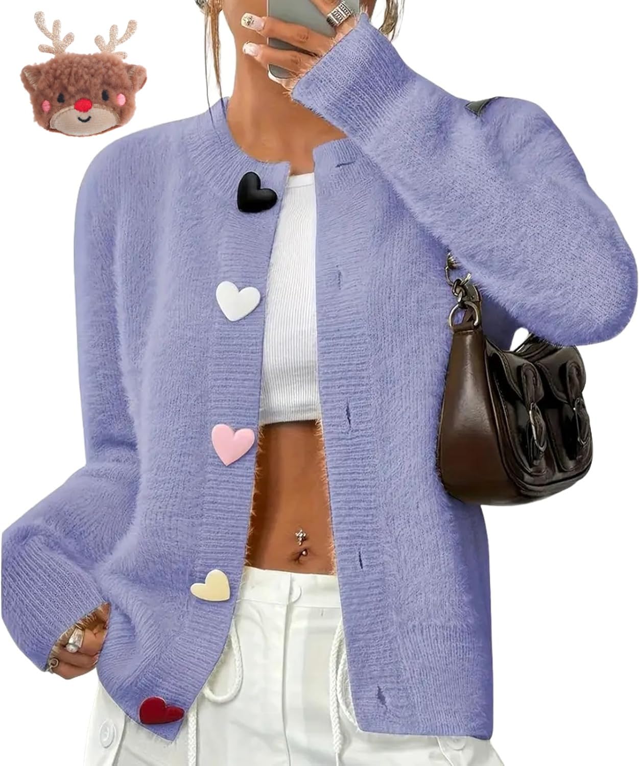 Women Heart Fuzzy Knit Cardigan Sweater Crewneck Fuzzy Sweater Heart Button Front Knitted Sweaters