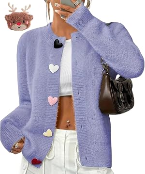 Women Heart Fuzzy Knit Cardigan Sweater Crewneck Fuzzy Sweater Heart Button Front Knitted Sweaters