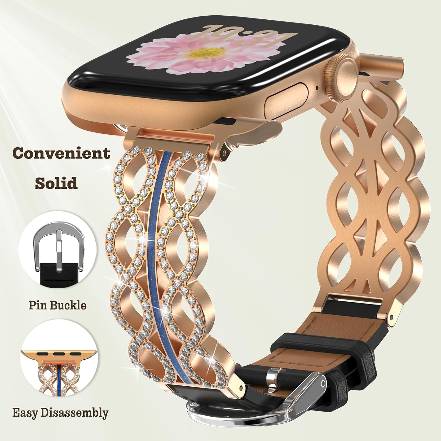 Slim Leather Band Compatible with Apple Watch Bands Women 38/40/41/42/44/45/46/49mm, Bling Dressy Luxury Strap Rhinstone Jewelry Bracelet for iWatch Series 10/9/8/7/6/5/4/3/2/SE/Ultra