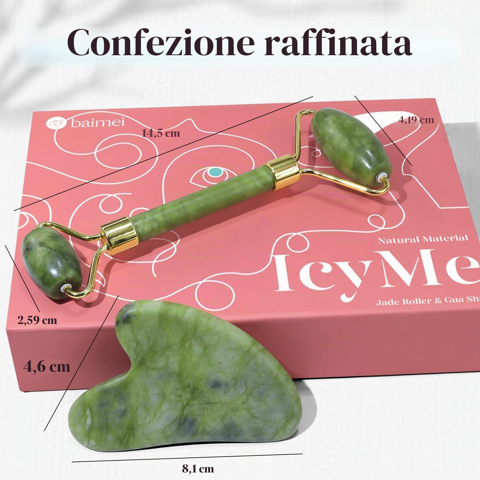 BAIMEI Gua Sha e Rullo di Giada per il Viso，Massaggiatore Lifting Viso e Guasha per il Corpo, Idea Regalo Perfetta，e Rilassa La Pelle，Regali Per Le Donne