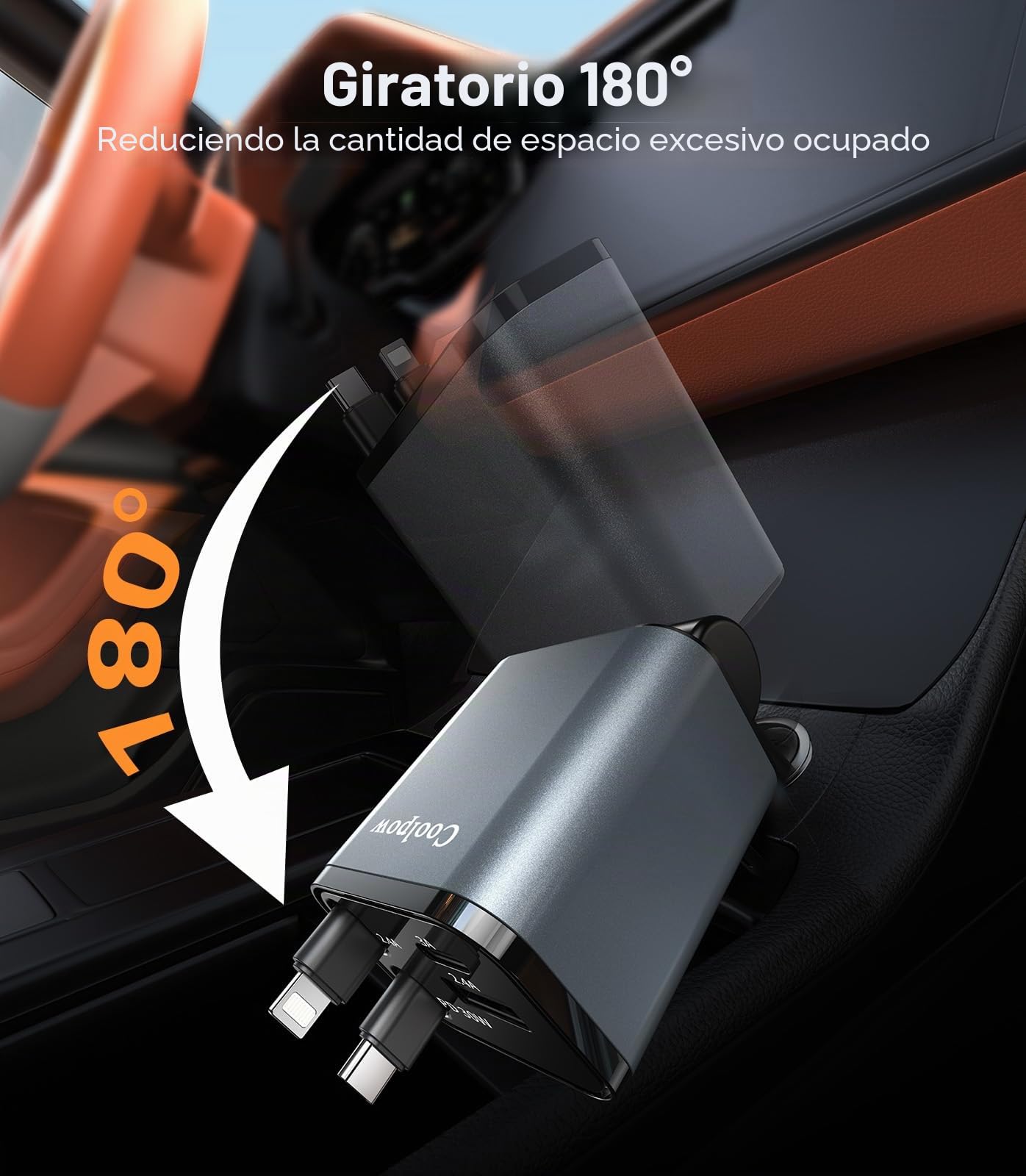 4 EN 1 Cargador Coche USB C, 69W Cargador Mechero Coche【180° Plegable】 Car Charger Adaptador Móvil Coche con 2 Cables Retráctiles para iPhone 16/15/Samsung S25/S24/iPad/GPS