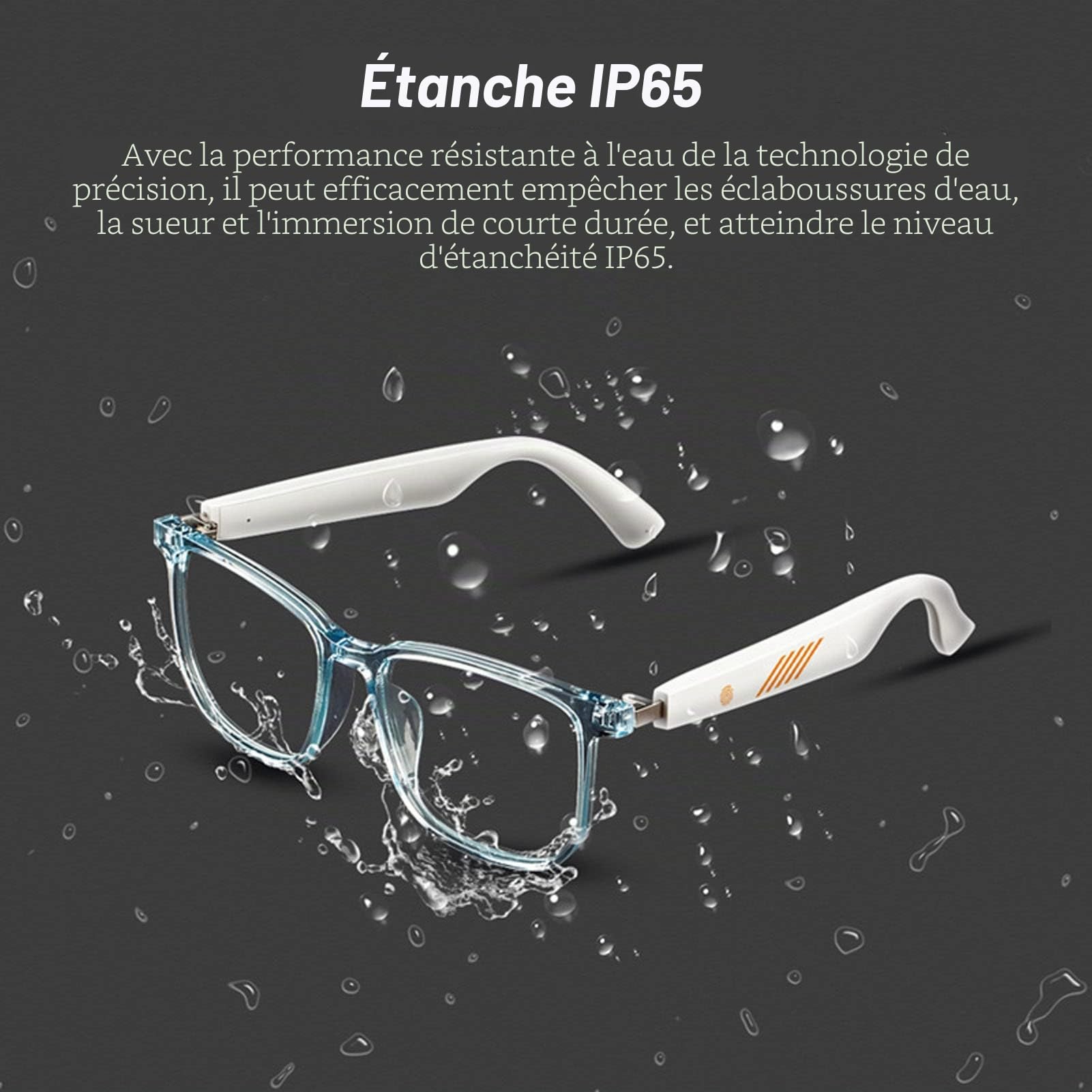 ASHATA Lunettes Bluetooth, Lunettes de étanches IP65, Lunettes de Musique sans Fil à Commande Tactile électronique avec écouteurs à Moitié Ouverts pour Les Jeux, Les Réunions, Les
