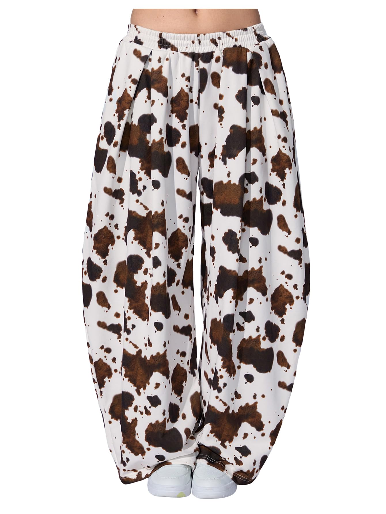 SweatyRocks Womens Cow Print Baggy Pants Elastic High Waist Y2k Loose Long Pants Trousers