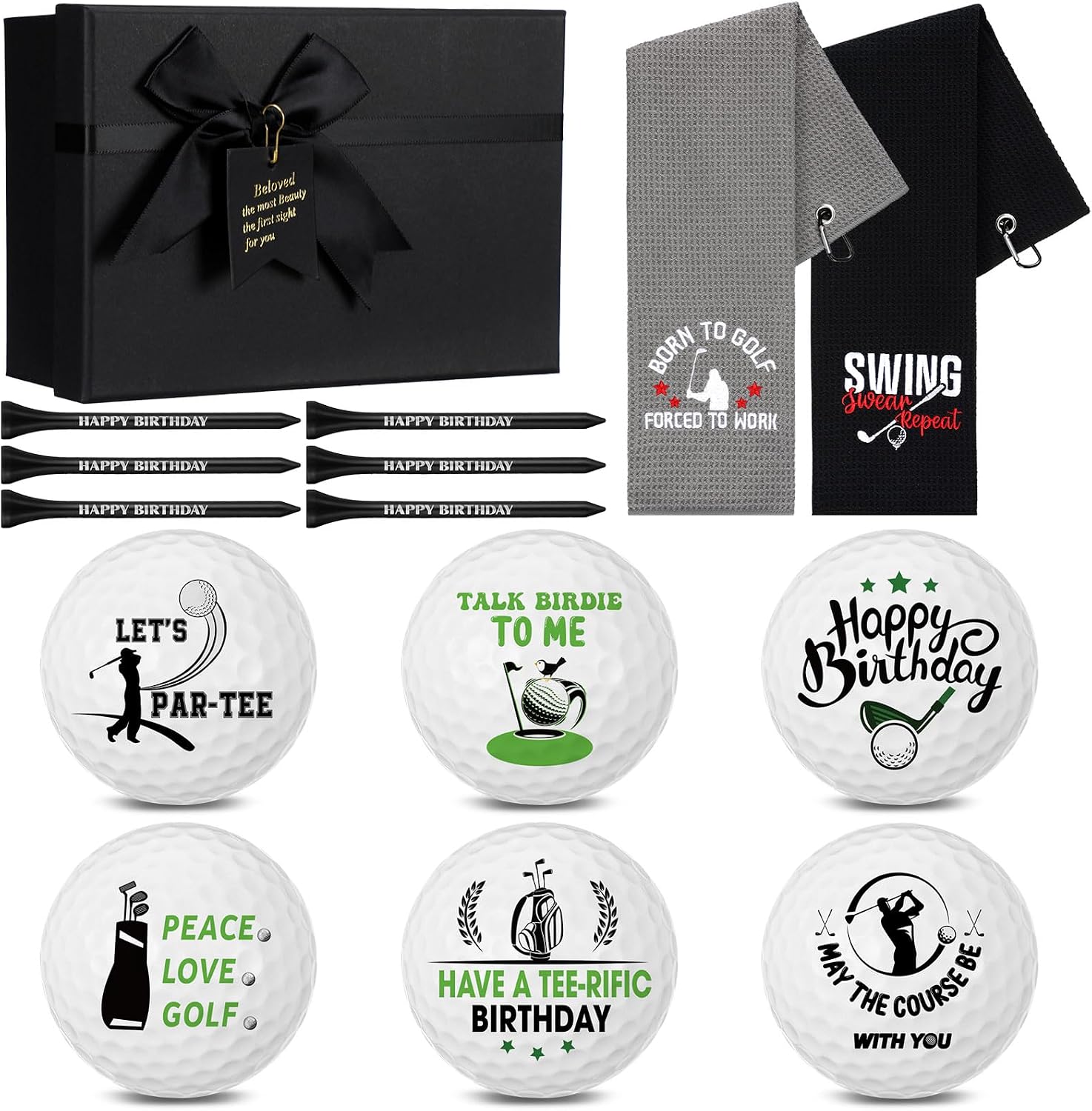 Realspring 15 Pcs Happy Birthday Golf Ball Gift Set Funny Gift for Men | Golf Balls with Tees, Towel, Gift Box, for Dad Husband Golfers Retirement Birthday