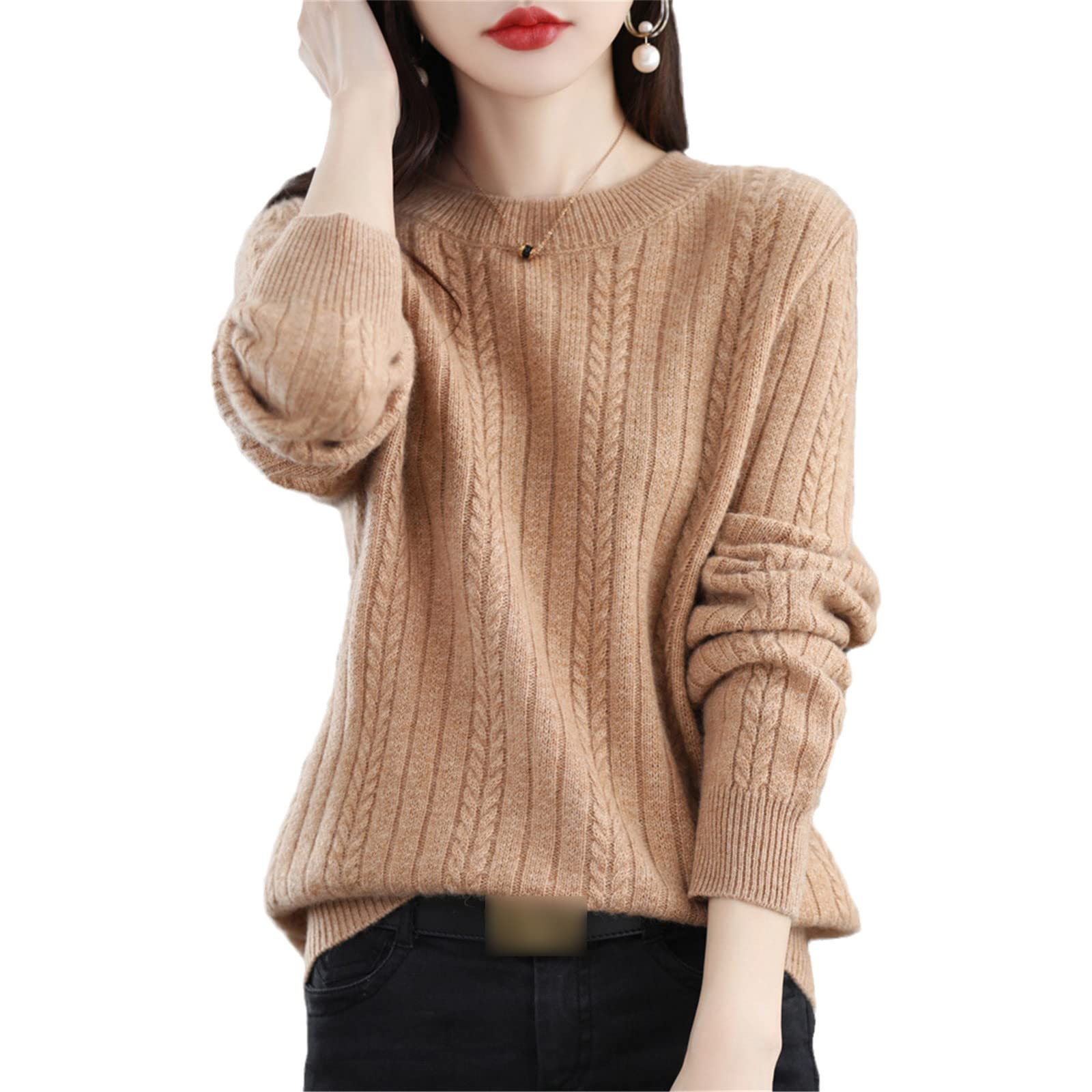 Suéter de cachemira para mujer, cuello redondo, suéter de otoño e invierno, nudo superior, suéter de lana engrosada, Camello dorado, S