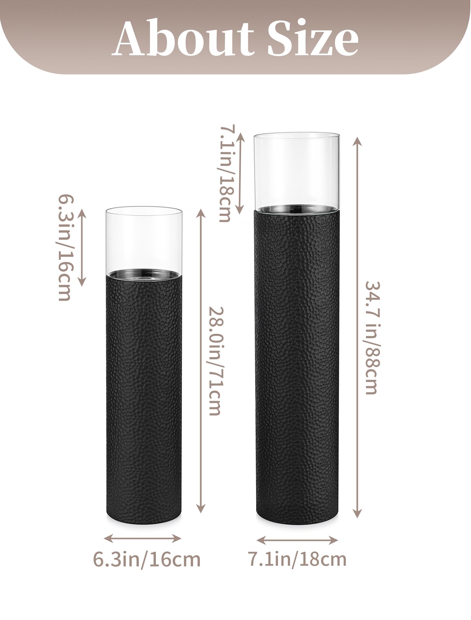 Sziqiqi Supports pour Bougies Hauts sur Pied: Lot de 2 Supports Hurricane pour Décoration - Structure Cylindrique Noire 85/70 cm en Ornement de Sol pour Salon et Cheminée