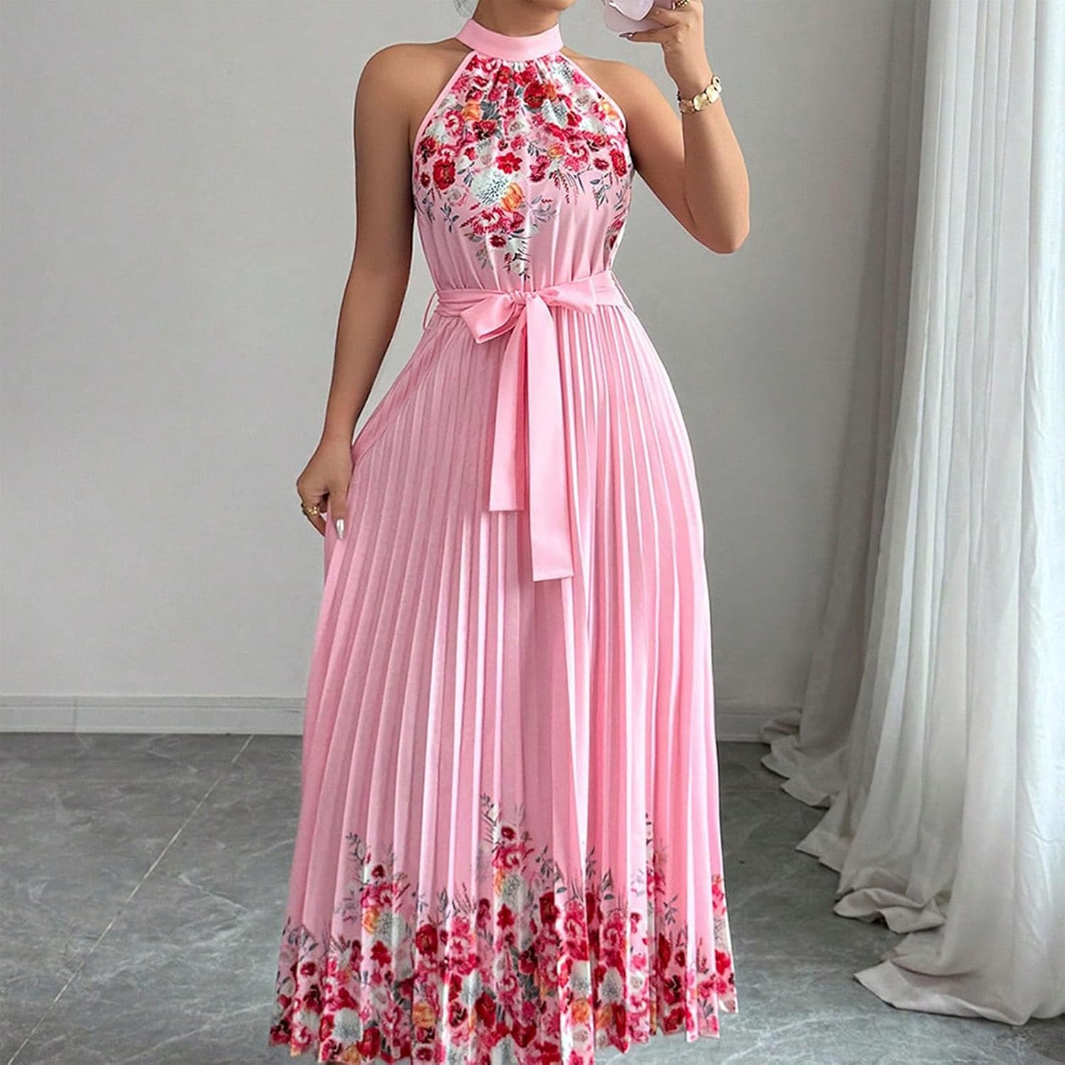 Women Halter Neck Dress Summer Floral Sleeveless Pleated Wedding Guest Midi Dress Casual Beach Flowy Boho Clothes