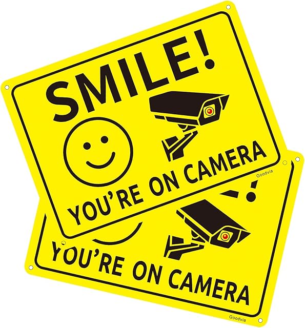 Goodvia Smile You Are On Camera Sign Metal 7 X 10", Smile CCTV Sign Reflective Aluminum Funny CCTV Signs Outdoor CCTV Signage Metal, Pack of 2