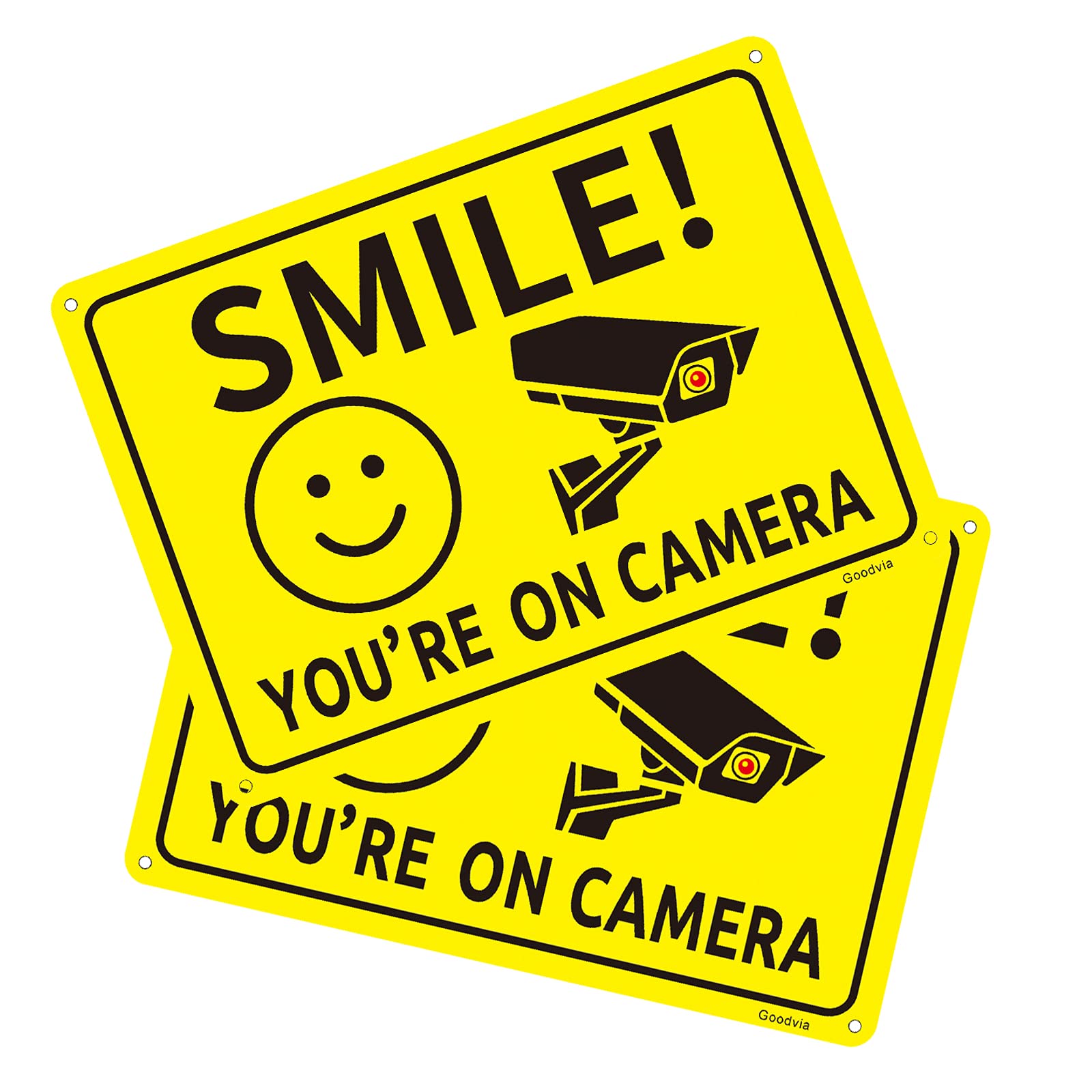 Goodvia Smile You Are On Camera Sign 7 X 10", Funny Warning Signs Aluminum Metal Signage CCTV Signs Smiley Surveillance Signs Outdoor, No Trespassing Security Sign Pack of 2