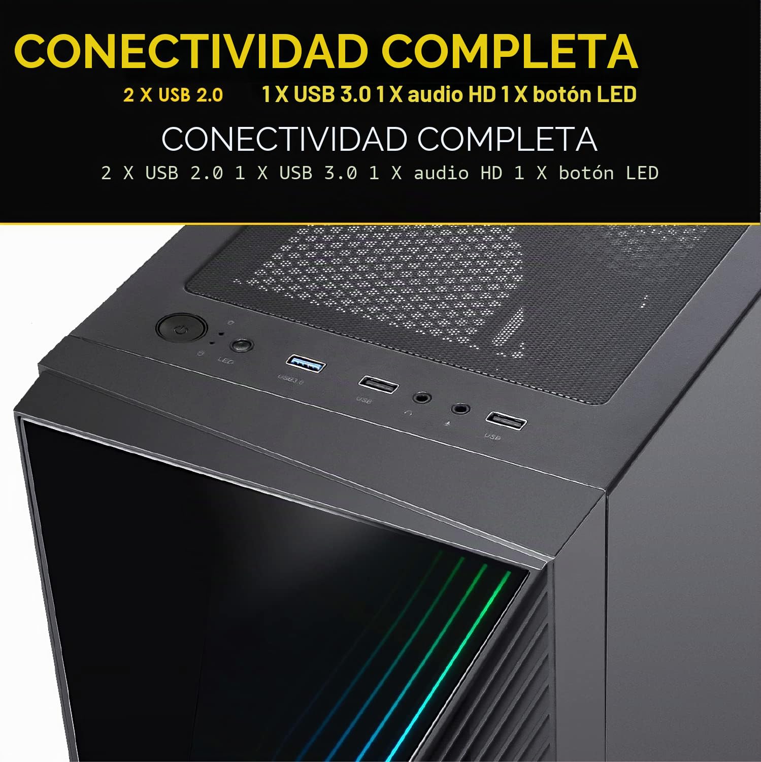 EMPIRE GAMING - Caja PC Gamer Crystal - ARGB Torre Mediana ATX, Micro ATX e ITX - Frontal Efecto 3D - Ventiladors 1x120MM LED RGB Direccionable 3 Pines 5 Voltios y 1x120MM Estándar - Negro