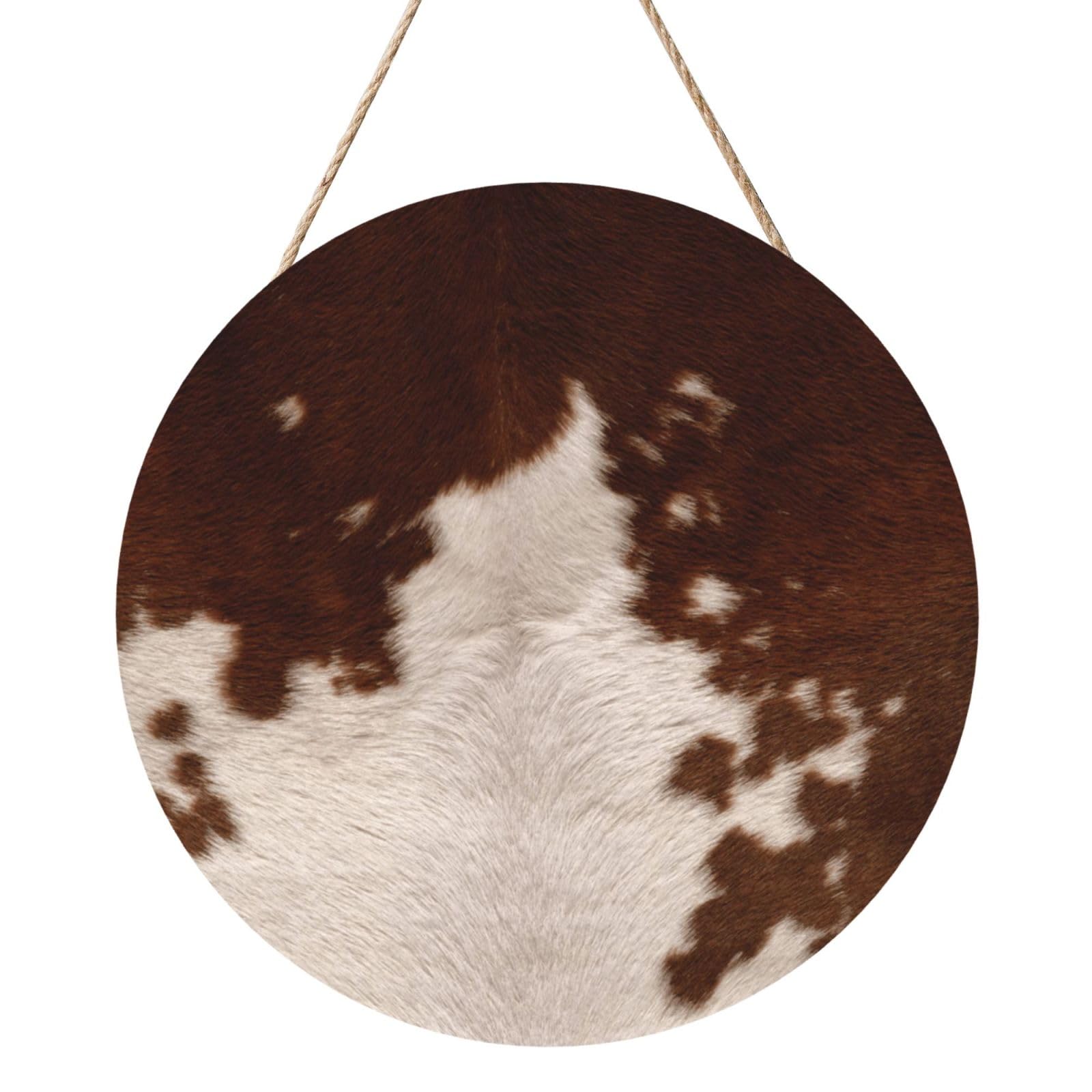 InOmak Red Brown Cowhide, Round Wood Panel Painting 12 in, Wall Hanging Painting For Home