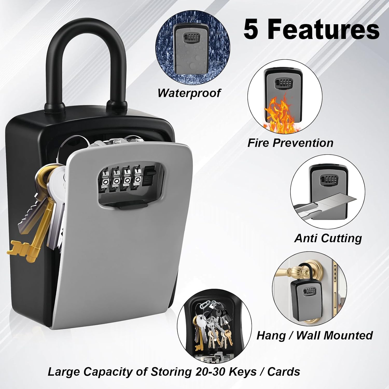 XXL Large Key Lock Box, 5.5”x4.1”x2.1” Waterproof Kirsite Combination Lockbox for Keys Outdoor, Portable Key Lock Box Wall Mount with Code (1 Pack, Black-Gray)