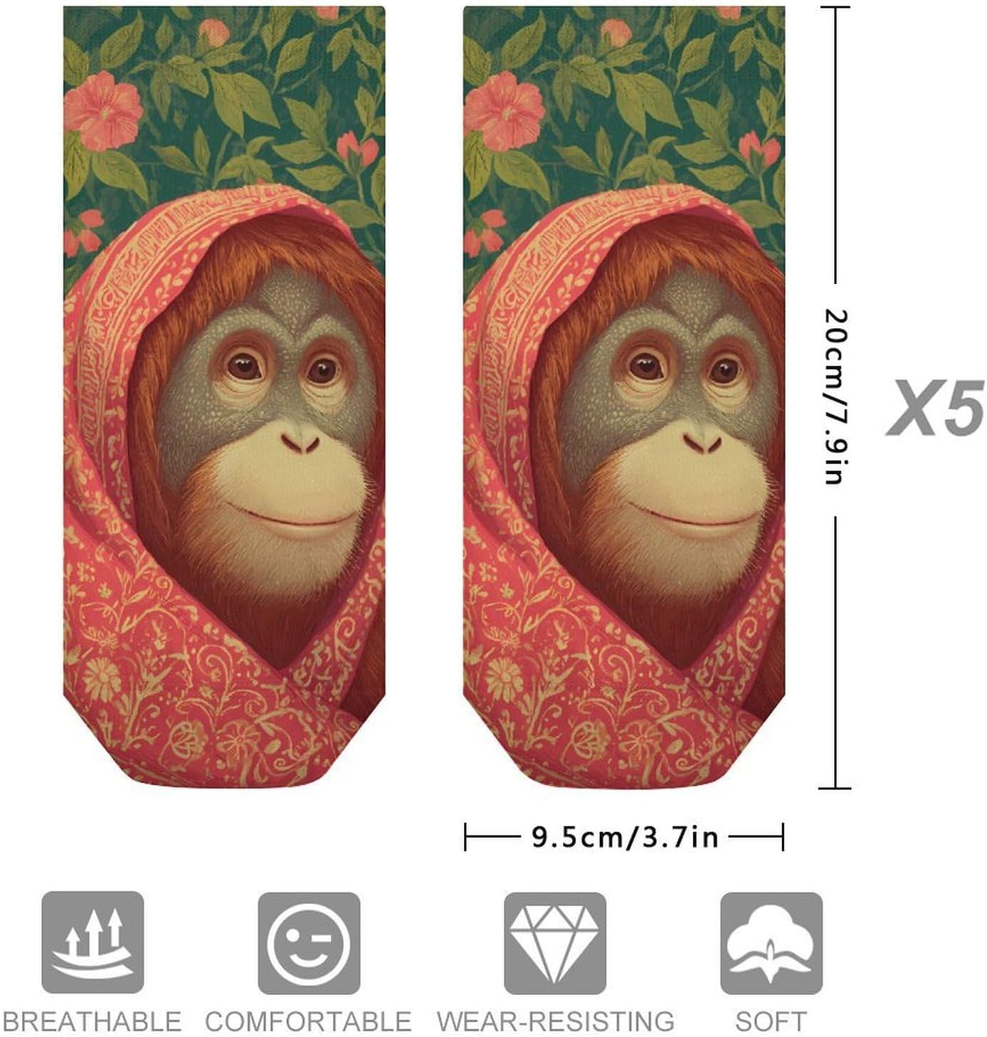 Orangutans Ethnic Shawl Floral No Show Ankle Socks Low Cut Non Slip Flat Boat Line 5 Pairs Set