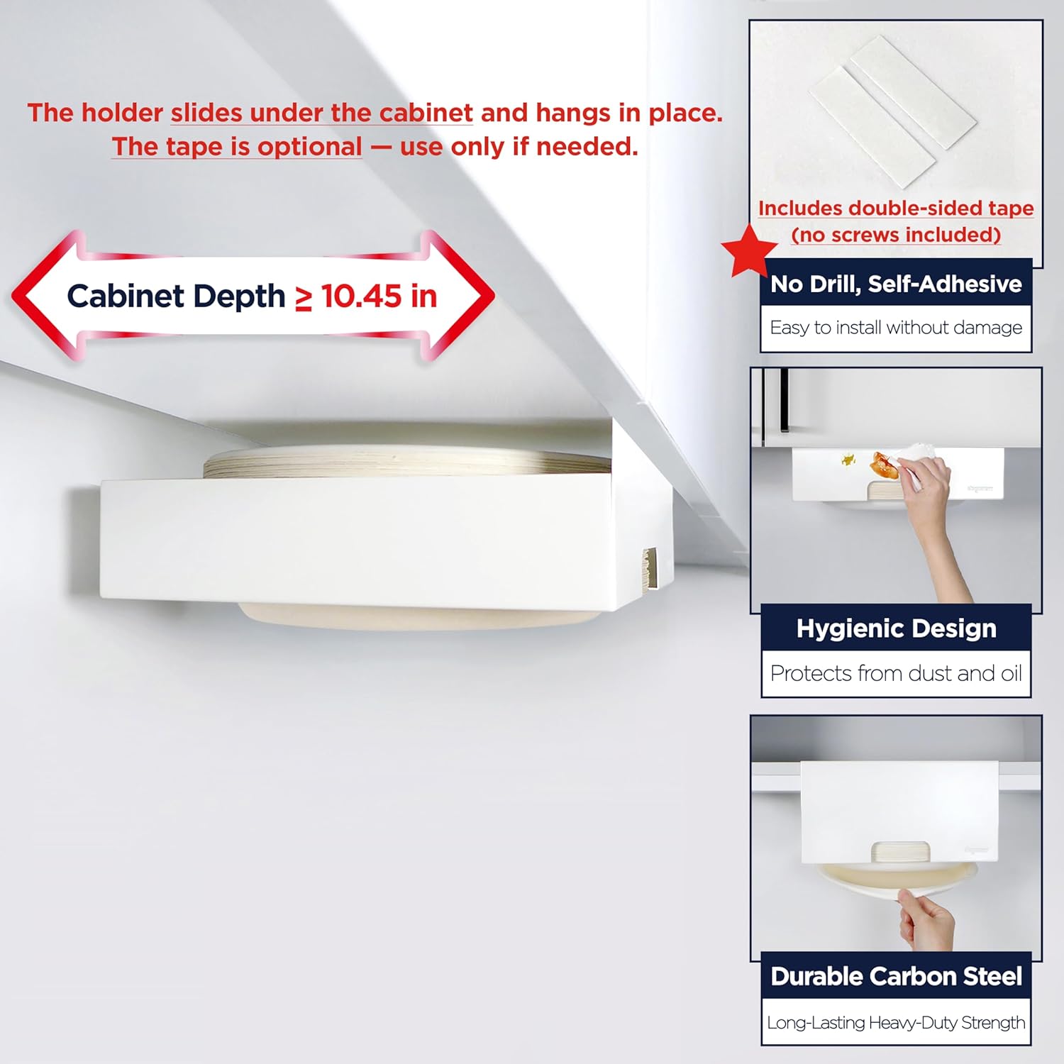 Paper Plate Dispenser 10 Inch – Heavy Duty Steel Under Cabinet Plate Holder & Organizer, Durable Metal Rack, Space-Saving Kitchen Storage, No-Drill Adhesive Mount – White
