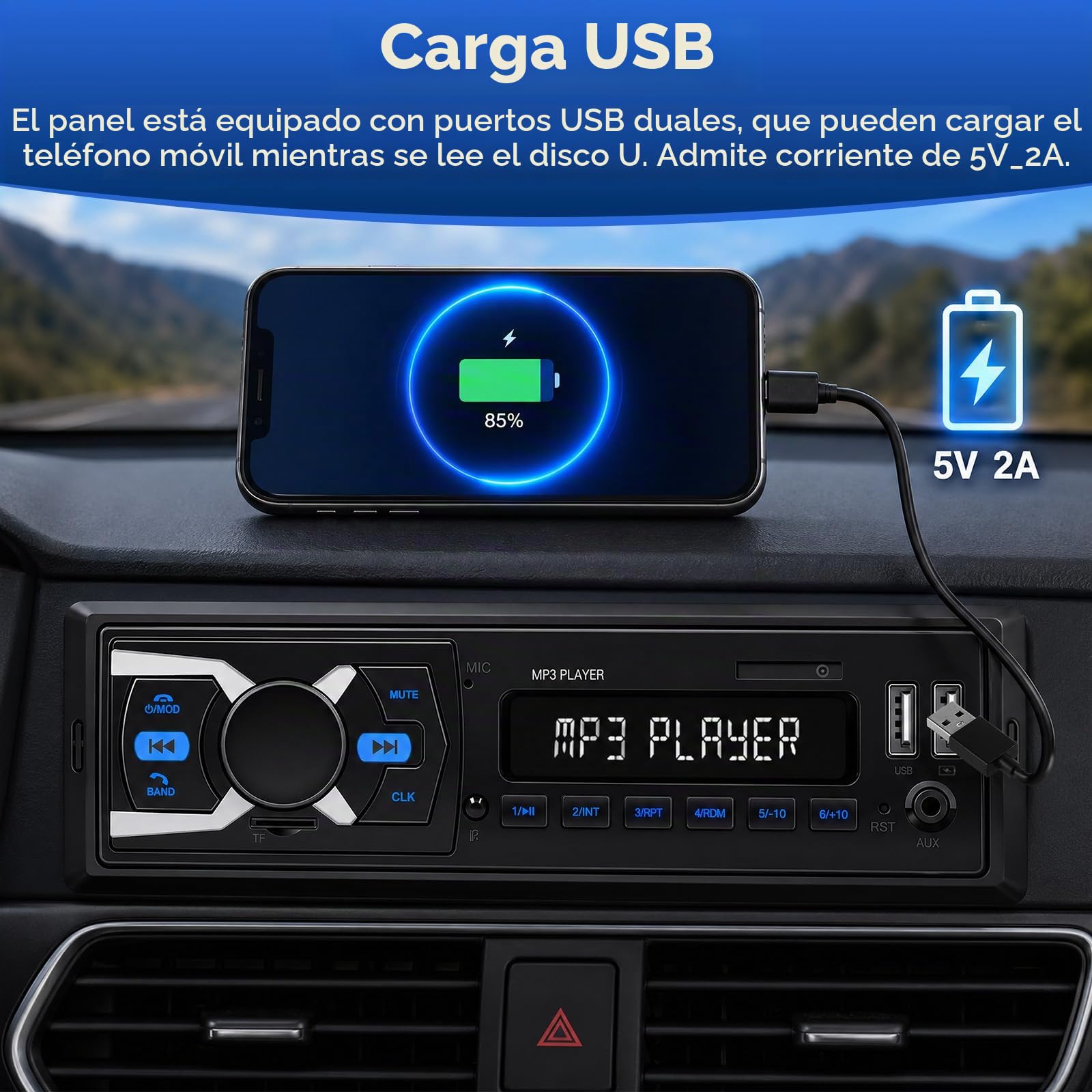 SIXTOP Dab Radio con Sistema Manos Libres Bluetooth Radio para Coche 1DIN con FM Radio/Pantalla de Reloj LCD, Reproductor de MP3 Radio 1DIN Admite Entrada AUX/RCA/Reproducción USB/Carga