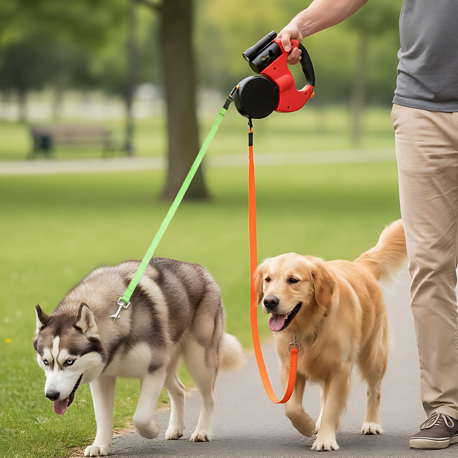 Guinzaglio doppio retrattile per 2 cani con torcia elettrica, 3 m, senza vento, doppio guinzaglio per cani con controllo indipendente, guinzaglio in nylon rosso per piccole razze