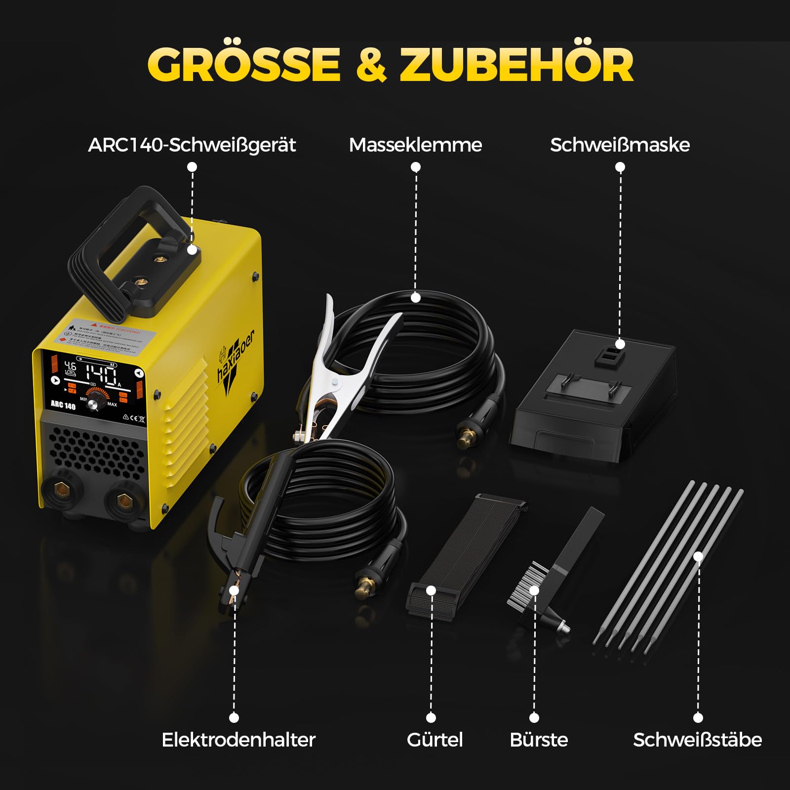 haxiaoer ARC140 Elektroden Schweißgerät – 140 A 230V IGBT DC Inverter Schweißgerät mit Lift TIG, LED-Anzeige, Anti-Stick, Hot Start, ARC Force, 10 Rods