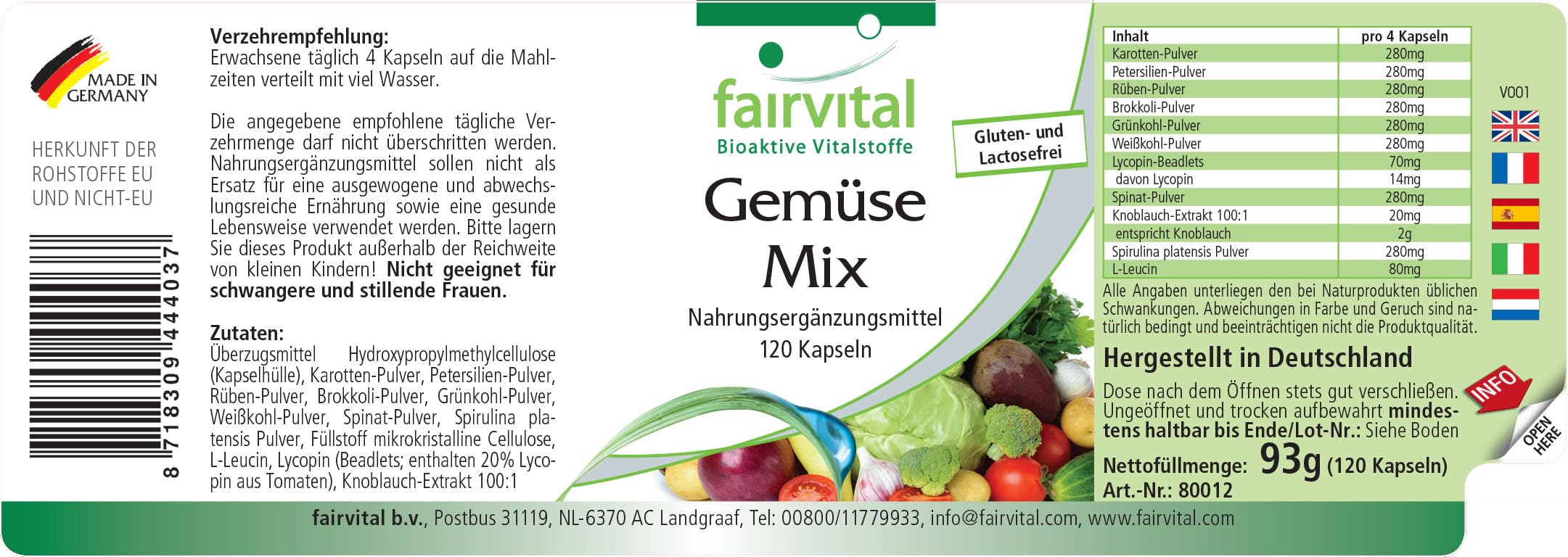 Fairvital | Verdure Pur - 1 mese - VEGAN - alto dosaggio - 120 capsule - 10 varietà di verdure