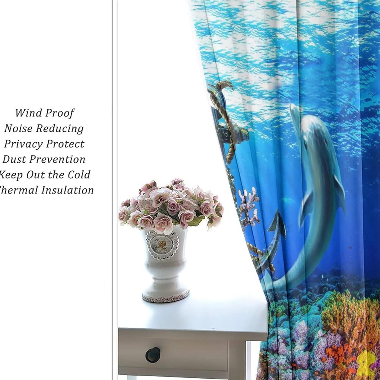 Underwater Dolphin Blackout Curtains for Bedroom,Marine Wildlife Ocean Animal Tropical Coral Rusty Anchor Decor Grommet Thermal Insulated Room Darkening Window Treatments 2 Panels 63L x 21W