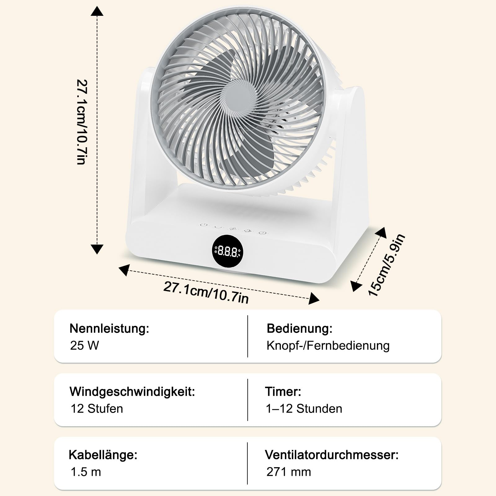 GuKKK Ventilator Leise, Tischventilator 28 DB, Starker Ventilator mit Fernbedienung, 3D Turbo-Luftzirkulator, 12-Geschwindigstufe 12H Timer, 90° verstellbar Neigungswinkel Turbo-Luftzirkulator