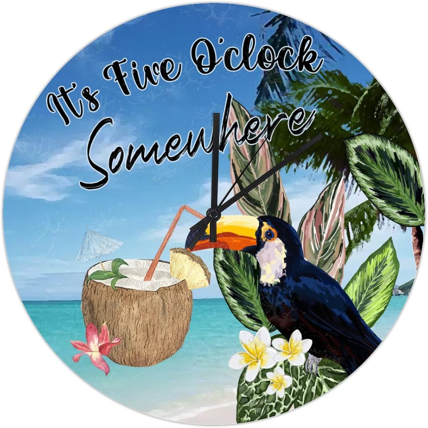 UFunhome It's Five O'clock Somewhere Wall Clock Tropical Summer Yellow Parrot Bird Banana Leaves Clocks Silent Movement Battery Operated Hanging Wooden Clock for Patio Pool Bathroom Bedroom 15-Inch