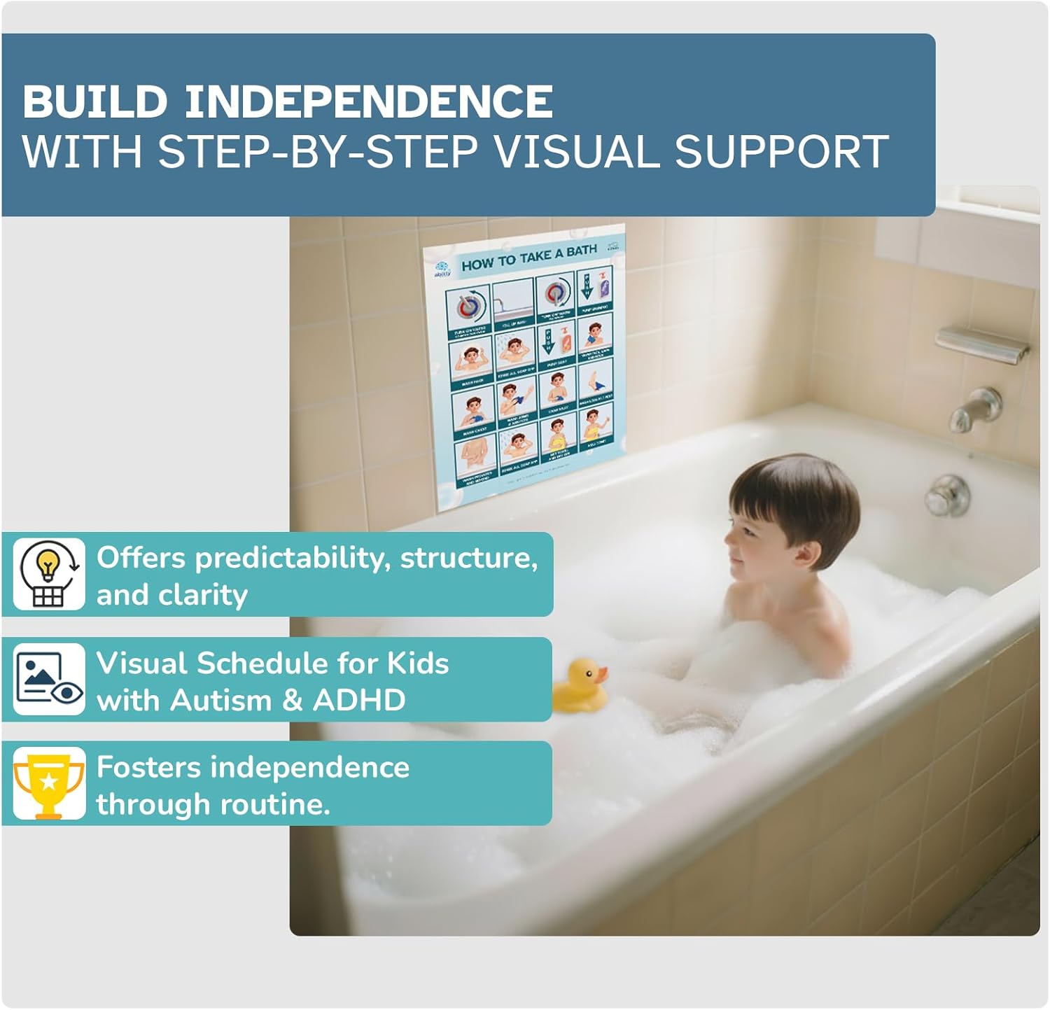 KIARES Shower Chart for Kids- Sticker Poster Steam-Safe, Step-by-Step Visual Schedule in 16 ethnicities (Caucasian Boy - Brown)