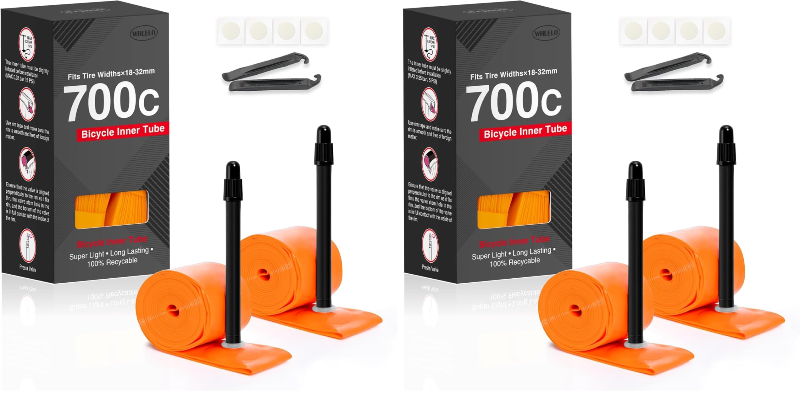 Hycline 2er-Pack TPU Fahrrad Schlauche: 700x18-32C (28 Zoll) Rennrad Unisex Ultraleichter Schlauch Presta-Ventil 45mm/65mm/85mm with 2 Reifenheber