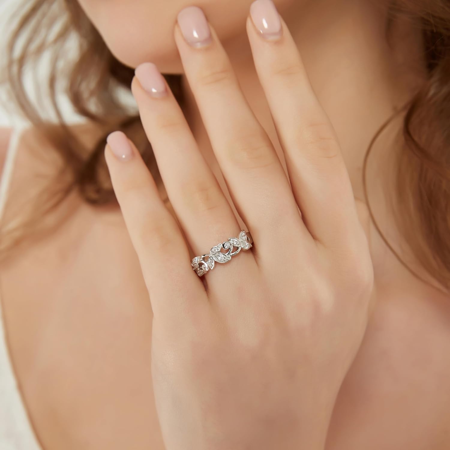 THELANDA Genuine Moissanite or Simulated Diamond Sterling Silver 6mm Wide Vine Fligree Leaves Petals Vintage Wedding Band Ring