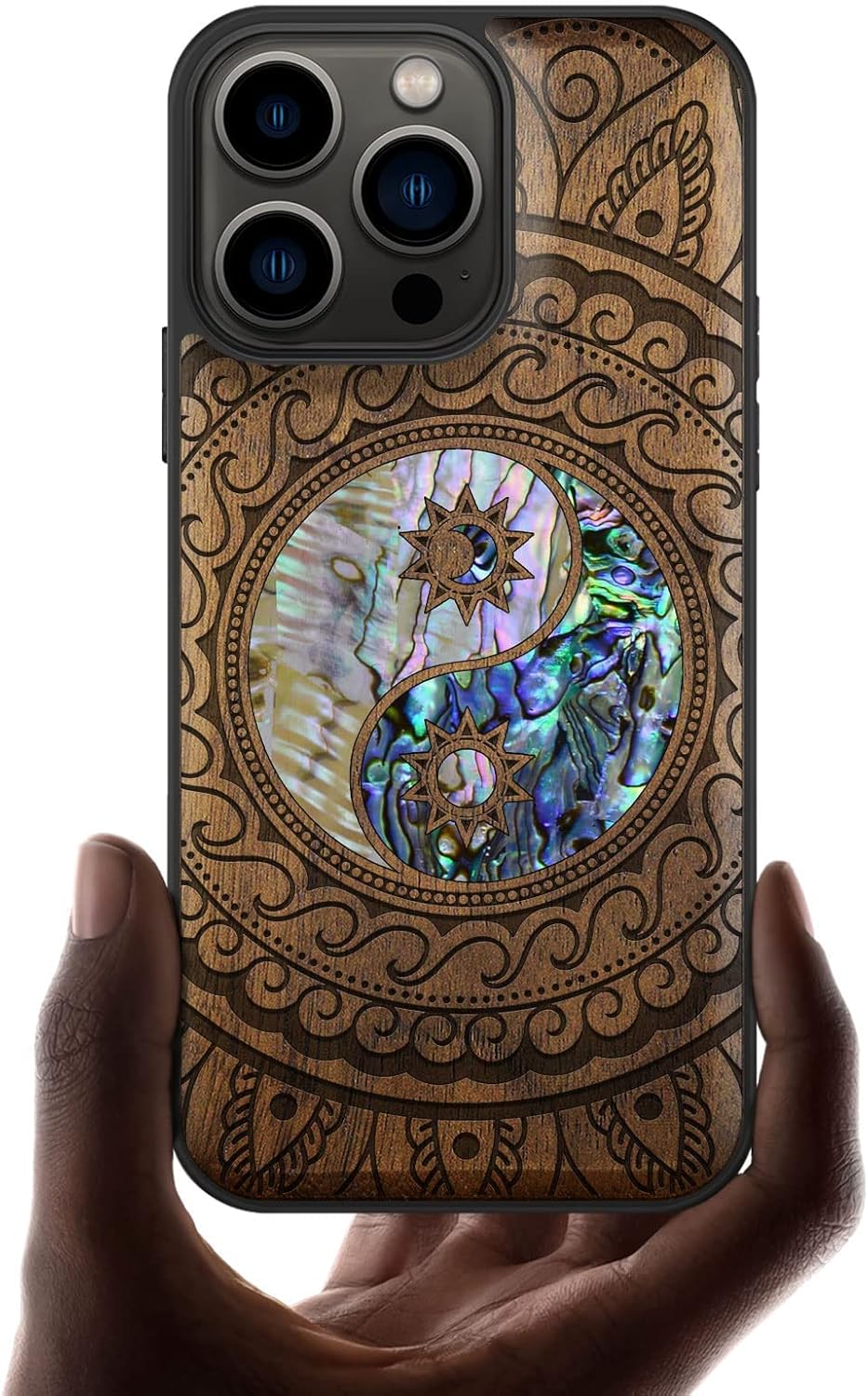 Carveit Designer Wooden Protective Case for iPhone 13 Pro Magnetic Cover [Wood Engraving & Shell Inlay] Compatible with 13 Pro MagSafe (Yin Yang Paisley-Blackwood)