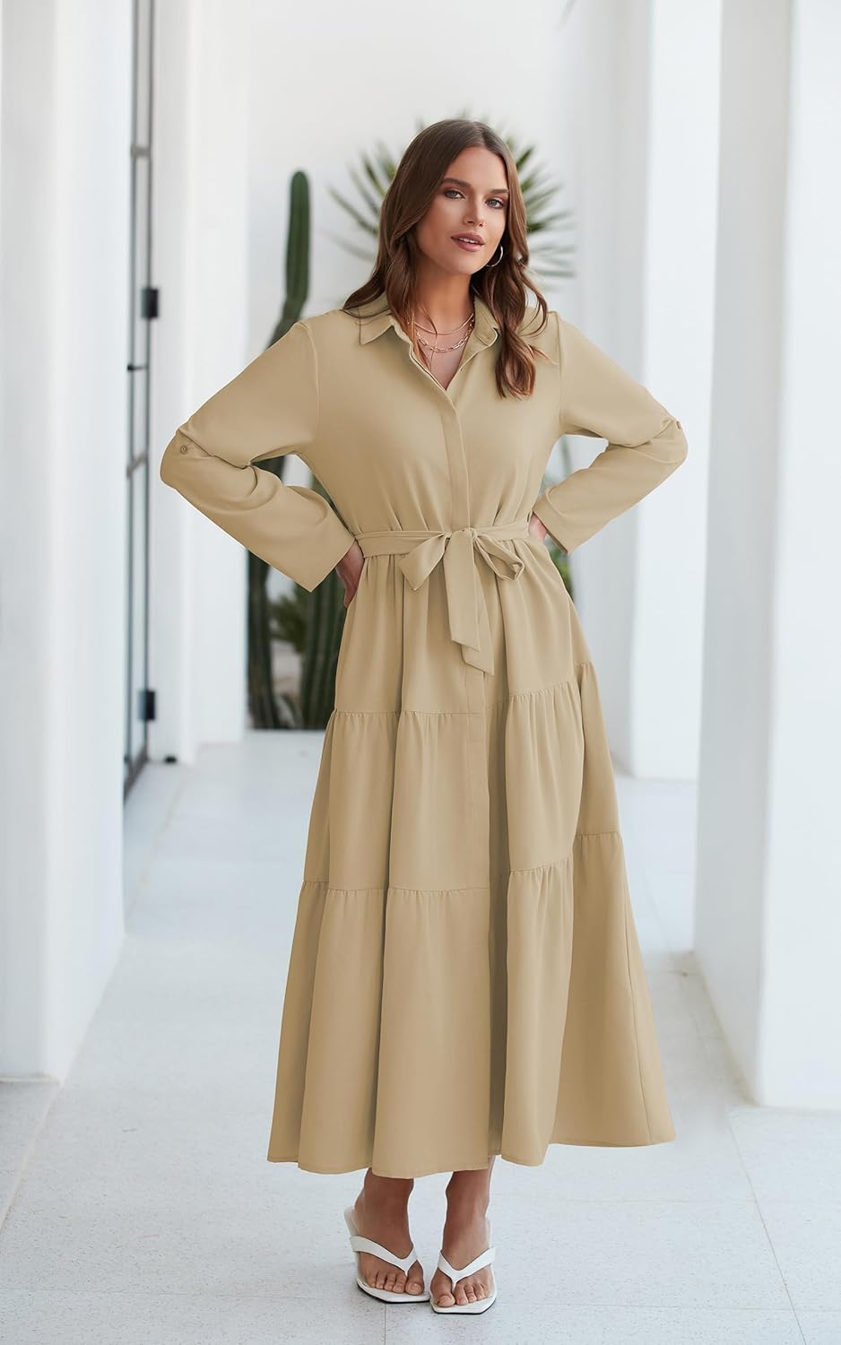ECOWISH Women's Maxi Shirt Dress - 2026 Long Sleeve Button Casual Fall A-line Work Tiered Dresses with Belt and Pockets - Image 5