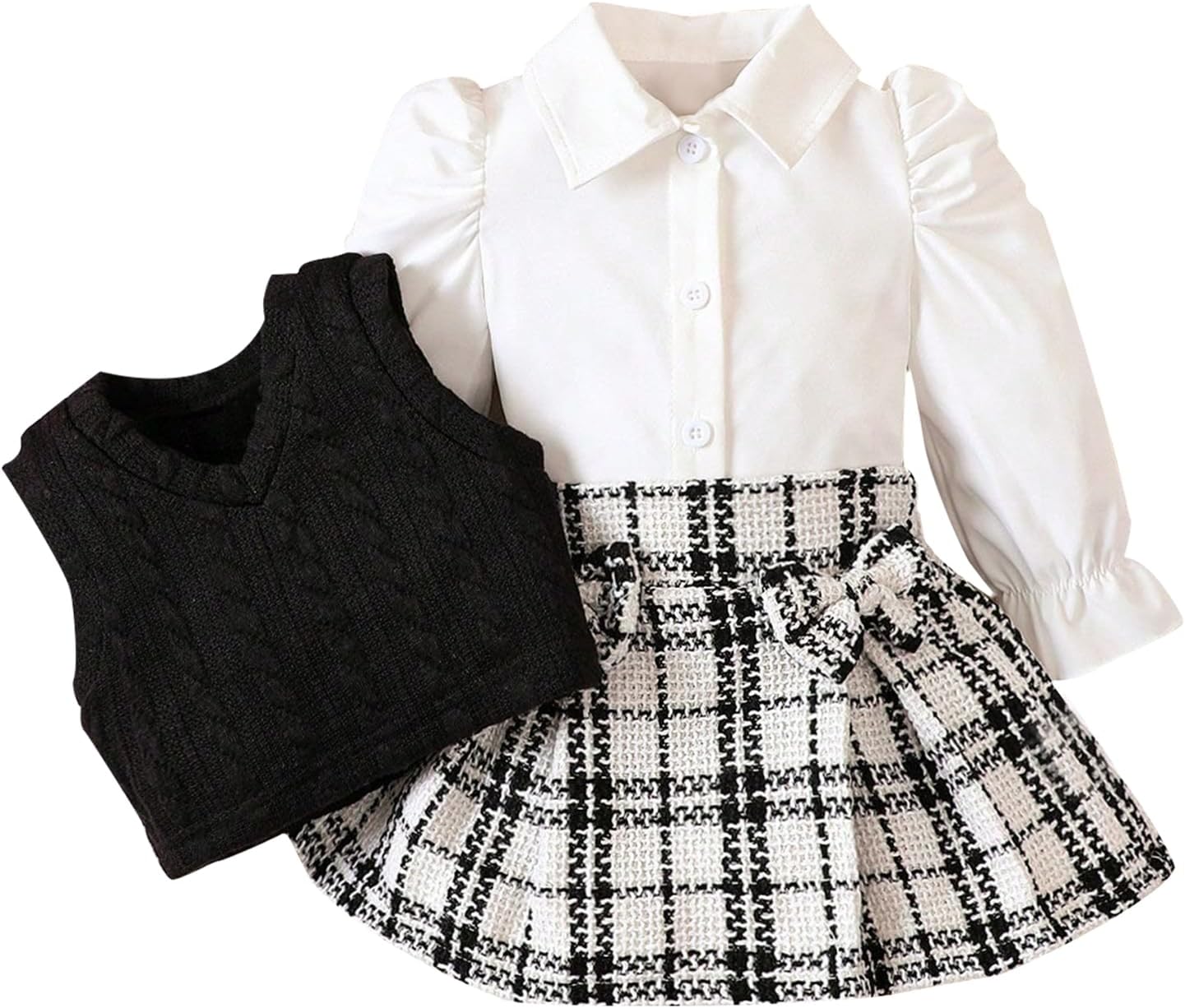 ChuYuKu Baby Girl Clothes Fall Winter Outfits Puff Sleeve Shirt Tartan Pleated Skirt Cute Vest Set Toddler Girl Dress Holiday