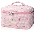 Large Makeup Bag, Cute Cosmetic Bag for Women Girls, Floral Coquette Aesthetic Toiletry Bag, Travel Make Up Organizer Bag (Pink Plaid Butterfly Flower