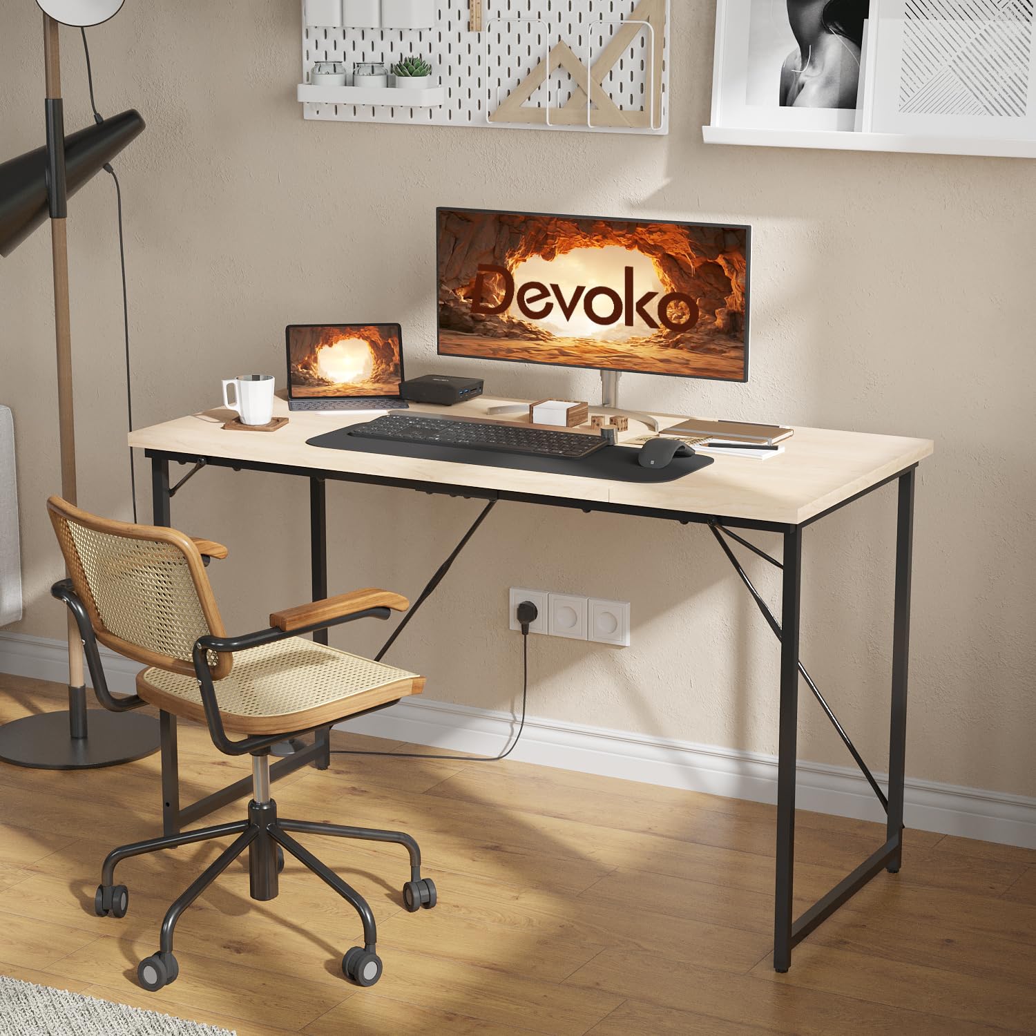 Devoko Piccola scrivania per computer, 100 x 50 x 75 cm, scrivania per ufficio, computer portatile, design industriale, tavolo da ufficio, beige