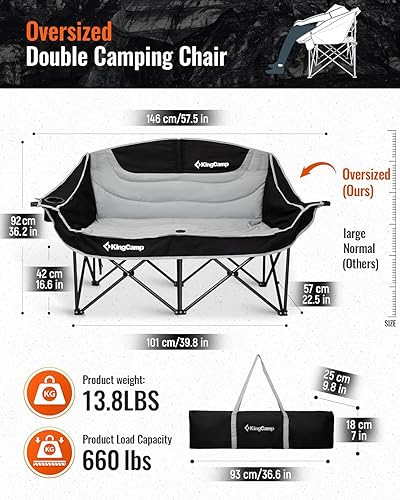 Miniatura 2 de KingCamp Silla de campamento doble, de gran tamaño, 660 libras, sofá biplaza resistente para adultos, portátil, plegable, XL, sofá para 2 personas